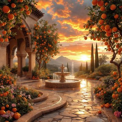 The primary subject of the image is a fountain located in a garden setting. The fountain is surrounded by orange trees, creating a vibrant and lively atmosphere. The setting includes a stone walkway and a building in the background. The visual style of the image is a combination of photo and digital art, giving it a unique and artistic appearance. The dominant colors in the image are orange and green, with the orange trees and the fountain contributing to the overall mood of the scene.